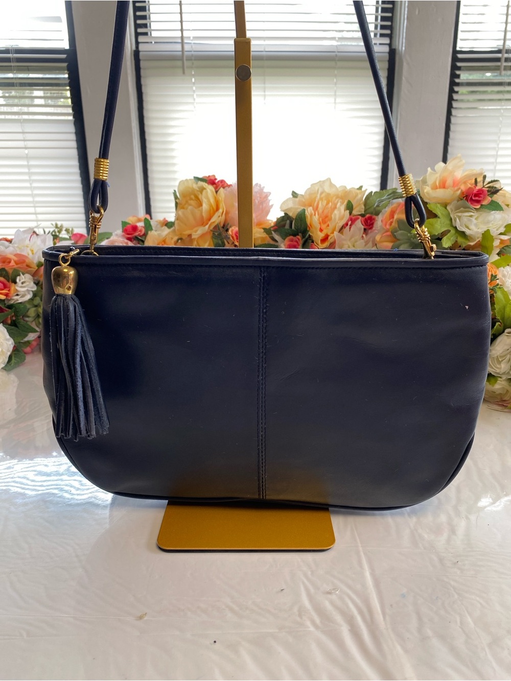 Bechamel Genuine Leather Shoulder Bag Navy Blue Gold Tone Tassel Purse